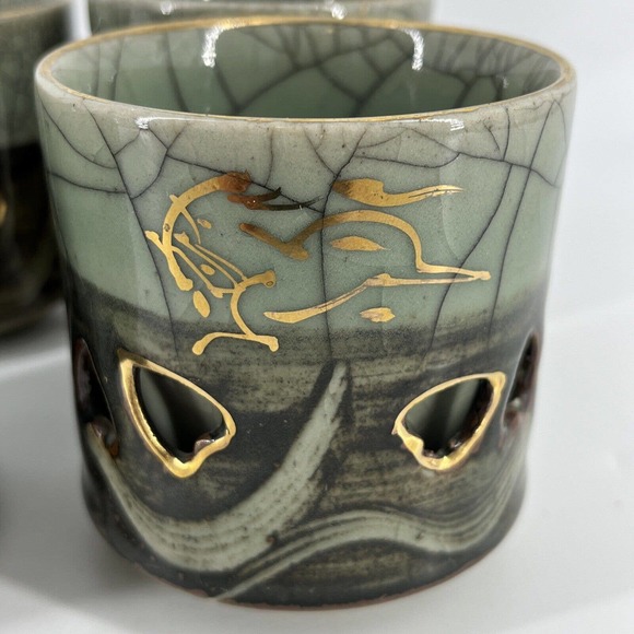 Vtg 4 Green Brown Somayaki Japan Double Wall Crackle Glazed Heart Tea Cups 200ml - Picture 3 of 16